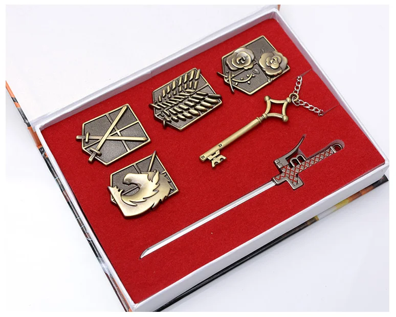 

PINYU 6 Pieces Attack on Titan Shingeki No Kyojin Badge Weapons Key Necklace Cosplay Accessory Jewelry in a Box