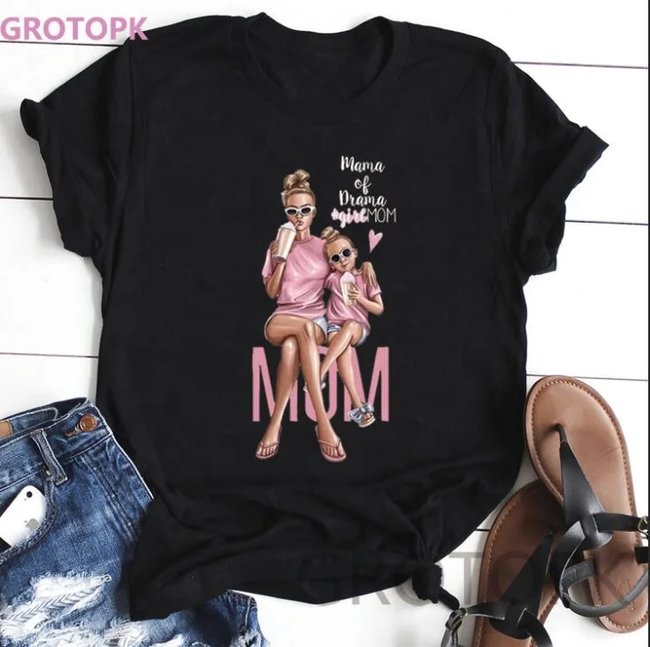 

Mother's Love T-shirts for Women Mom and Daughter Black T-shirt Summer Short Sleeve Female T-shirts Top Vogue T Shirt, Picture