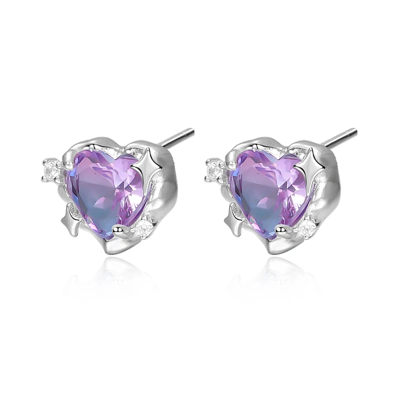 

2022 Fashion Woman Purple Heart Shape Diamond Cubic Zircon Stud Earring S925 Silver Jewelry