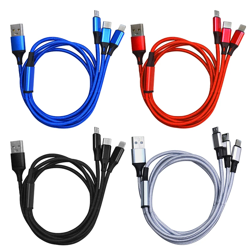 

Custom 3 in one nylon usb cable 3-in-1/3in1 Charging Data Cable phone Type C Android 3 in 1 usb cable charger, Black, red, blue, gold,silver