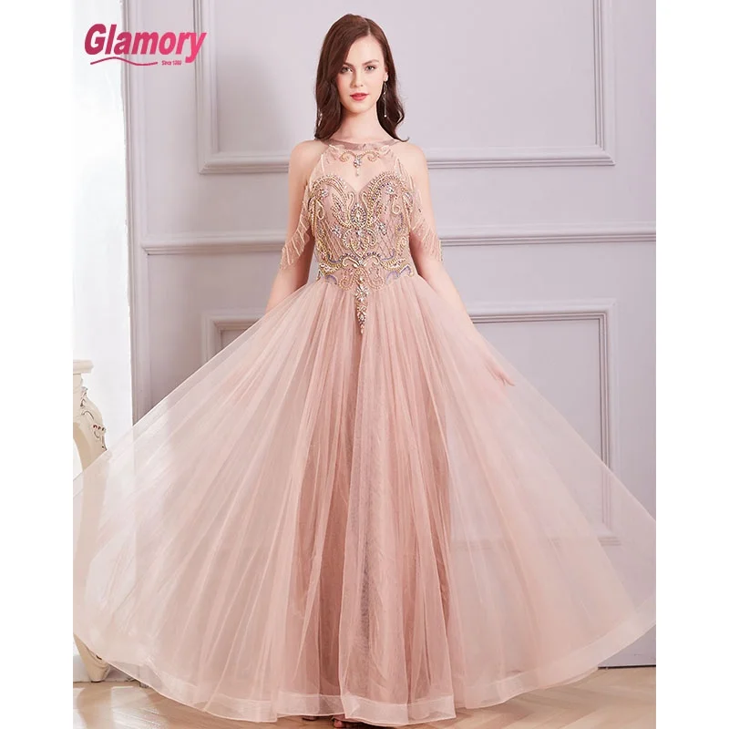 

O-Neck Evening Dress Off Shoulder Beads Handmade Tulle Party Dress