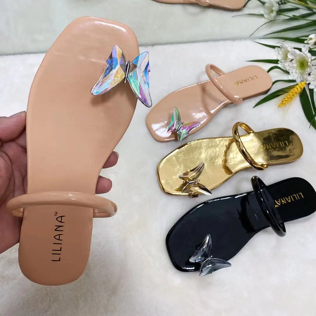 

LX-023 Newest 2021 fashion sequined butterfly sandals for women summer casual flat flip flop designs toe ring beach sandals, Picture show , squine colors