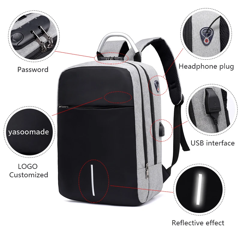 

Outdoor men usb port anti-theft travel back bag custom business computer waterproof backpack, Black,grey