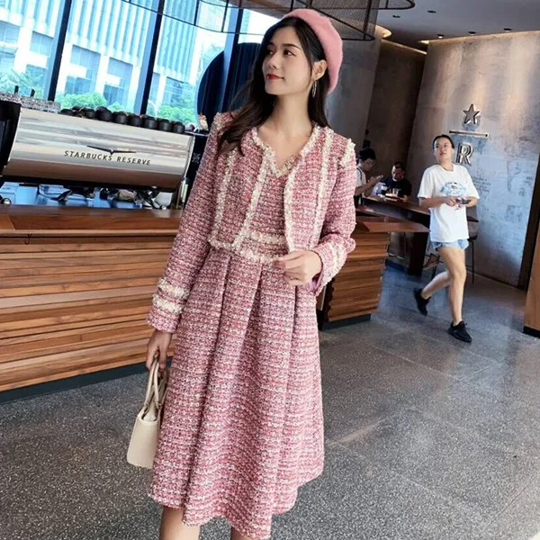 

Autumn and winter korean latest design high end fashion casual women two piece set long sleeve wool dresses with short coat, Pink