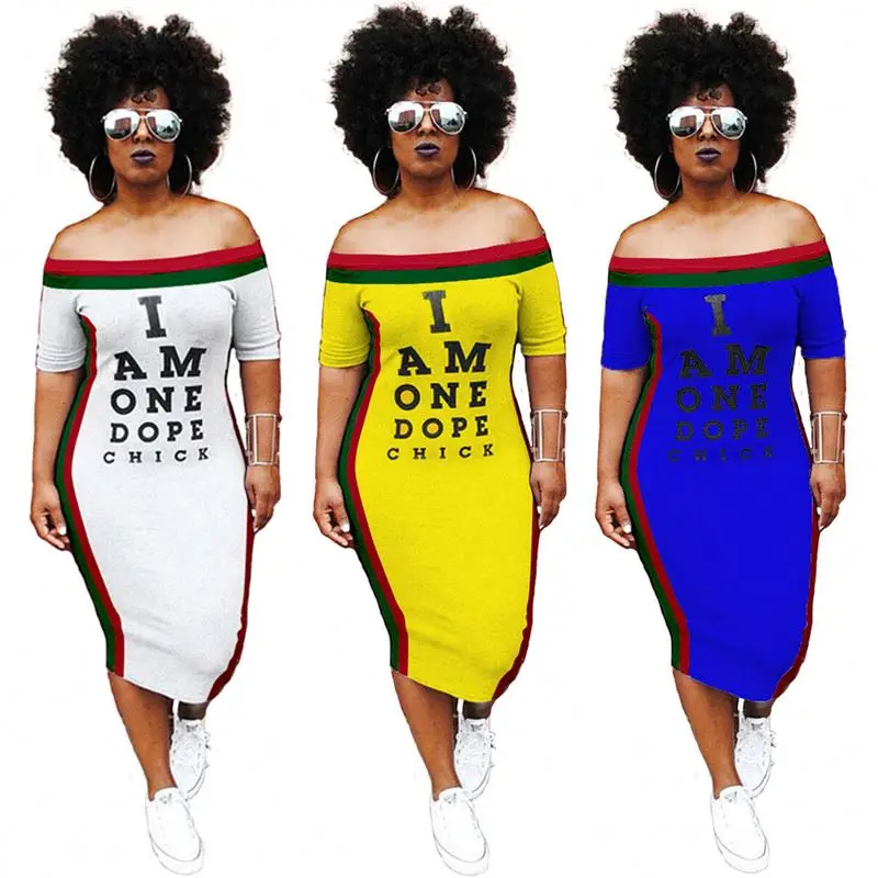 

Summer Fashion Dresses  Off Shoulder tight letter Print Women dresses 2020, As picture