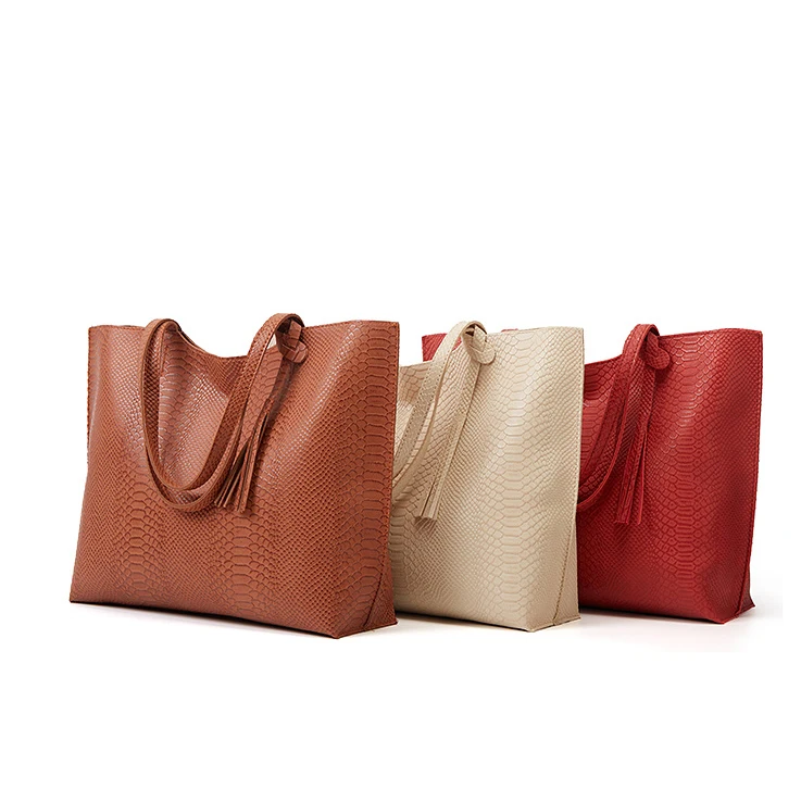 

Pure Color Pu Tote Large Shopping Bag Python Printed Leather Handbag for Ladies, Pink/beige/black/brown/red/coffee