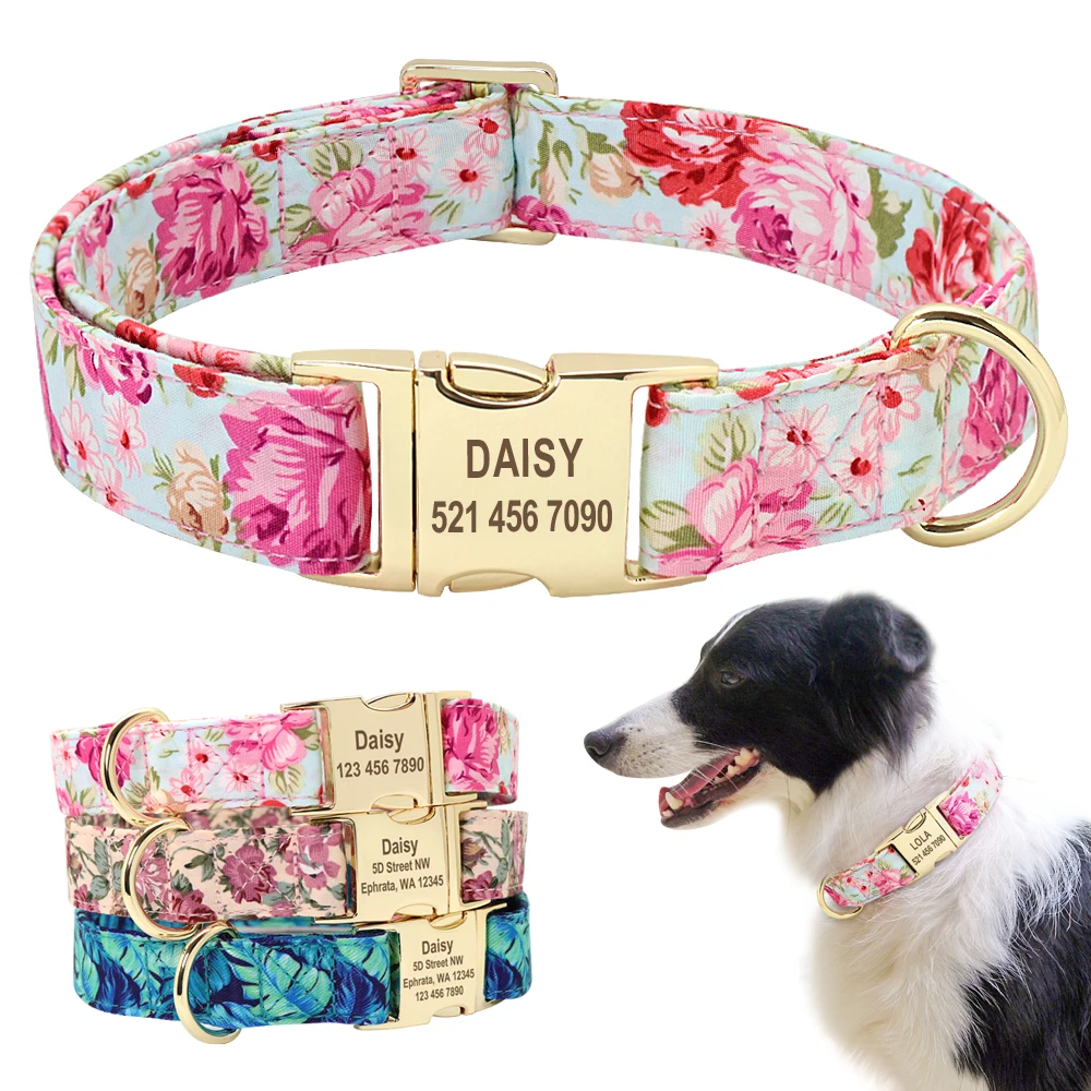 

Personalized Floral Dog Collar Custom Small Medium Dog Pet ID Collar Flower Print Nylon Large Dog Engraved Collars for Pitbull