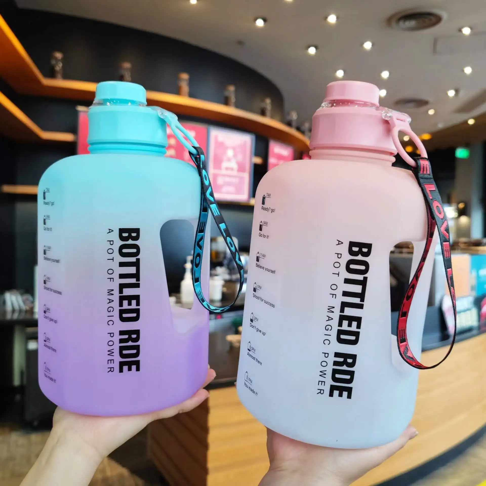 

2200ml Large Capacity Travel Water Bottle Custom Logo BPA Free Protein Fitness Gym Sports Plastic Gradient Water Bottles, Pink/purple/green/blue