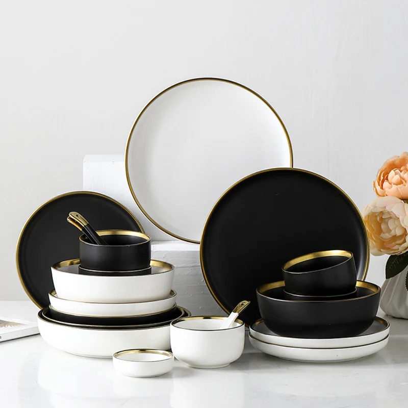 

Wholesale Luxury Matte Ceramic Gold Rim Black And White Nordic Style Dinner Sets Bowls Dinner Plate, Blak,white