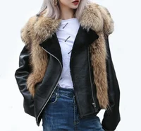

Luxury women black genuine leather jacket winter warm fur overcoat sheepskin wool jackets raccoon fur trimming shearling coat