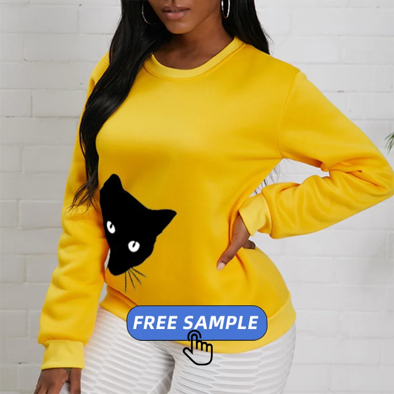 

free sample black cat pattern plush clothing casual o-neck m-3XL plus size oversized Women's sweatshirts