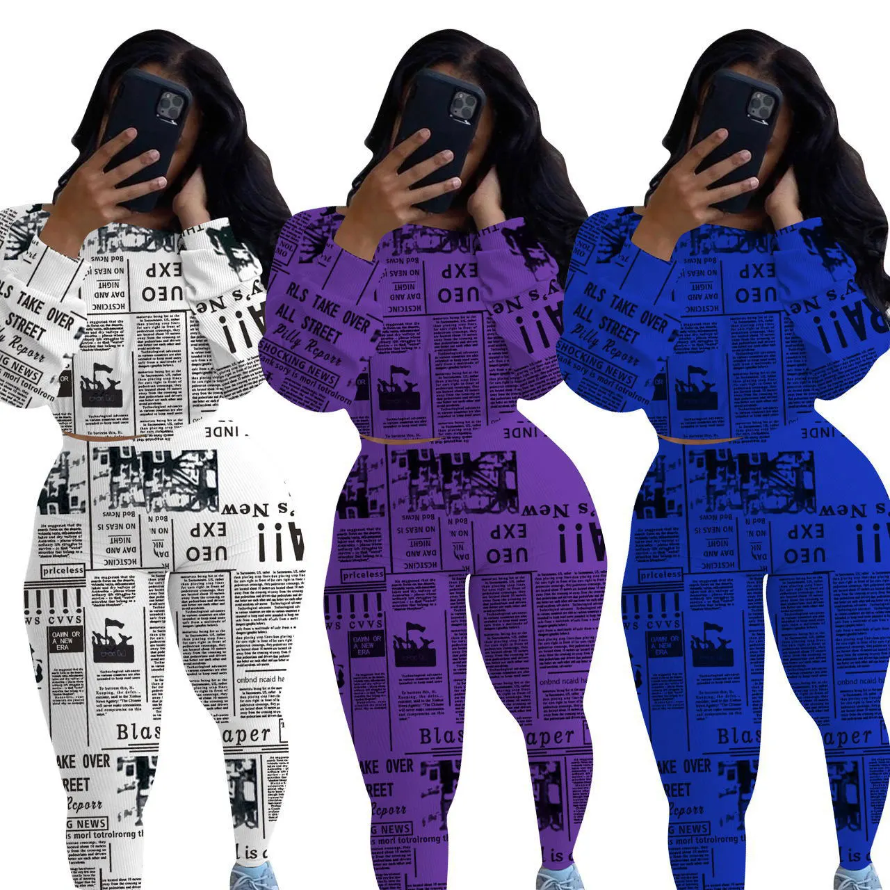 

21009-MX78 fall newspaper printed one word led two piece set women clothing sehe fashion