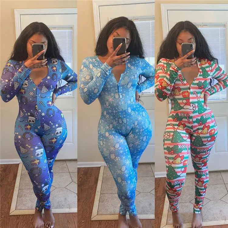 

Wholesale New Trendy Printed Women Bodysuit Christmas Long Sleeve Women Rompers Skinny Women One Piece Jumpsuits