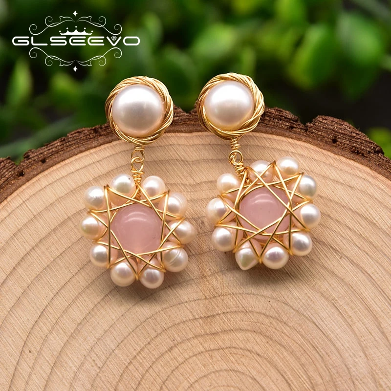 

New Arrival Natural Freshwater Pearl Drop Earrings For Women Wedding Fashion Handmade Pink Crystal Jewelry Wholesale