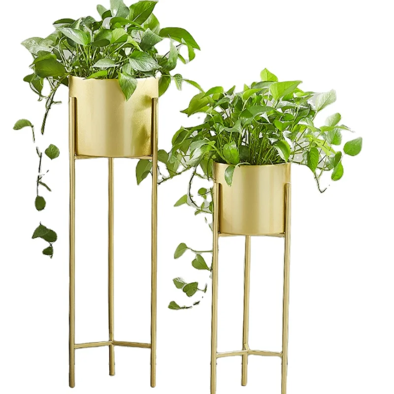 

Indoor living room balcony floor flower pot stand flower stand round gold metal plant stand with pot, Gold, pink, green
