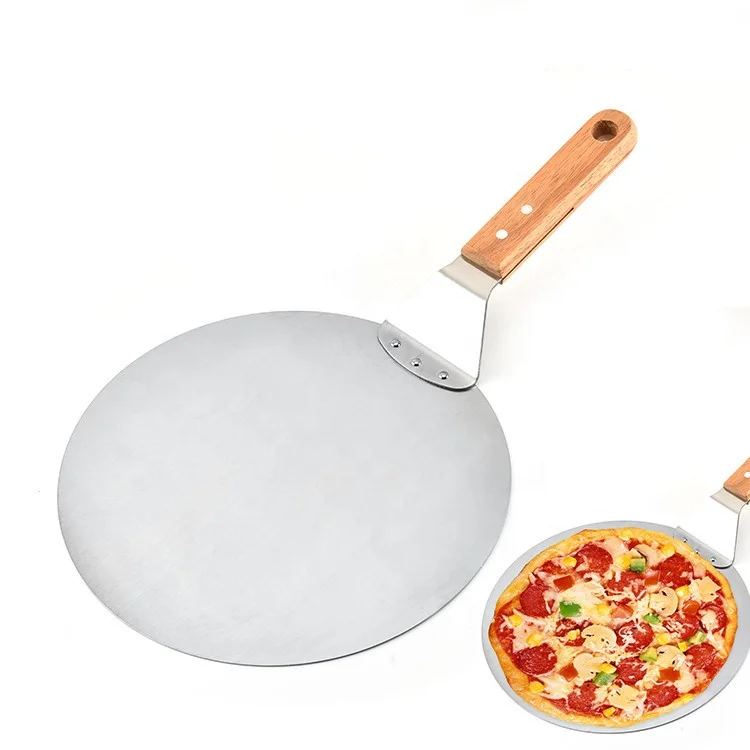 

Customized Cooking Tools 10inch 12inch Pizza Cake Shovel Stainless Steel Wooden Handle Pizza Tray Kitchen Utensils, Silver