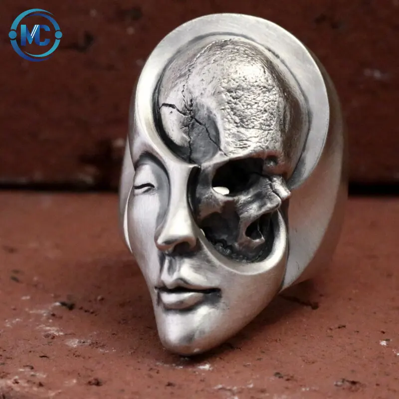 

Unique Design Human Duality Hide Yin and Yang Skull Rings Men's Punk Goth Stainless Steel Biker Ring Women Jewelry
