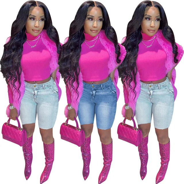 

2021 spring/summer fashion trend new solid color high waist slim denim shorts, Picture color