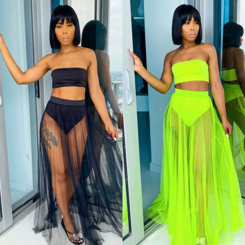 

Custom Summer Fashion Sexy 3 Piece Beachwear Bathing Suits Solid Color Tube Top Backless Mesh Women 3 Piece Swimsuit, Picture showed