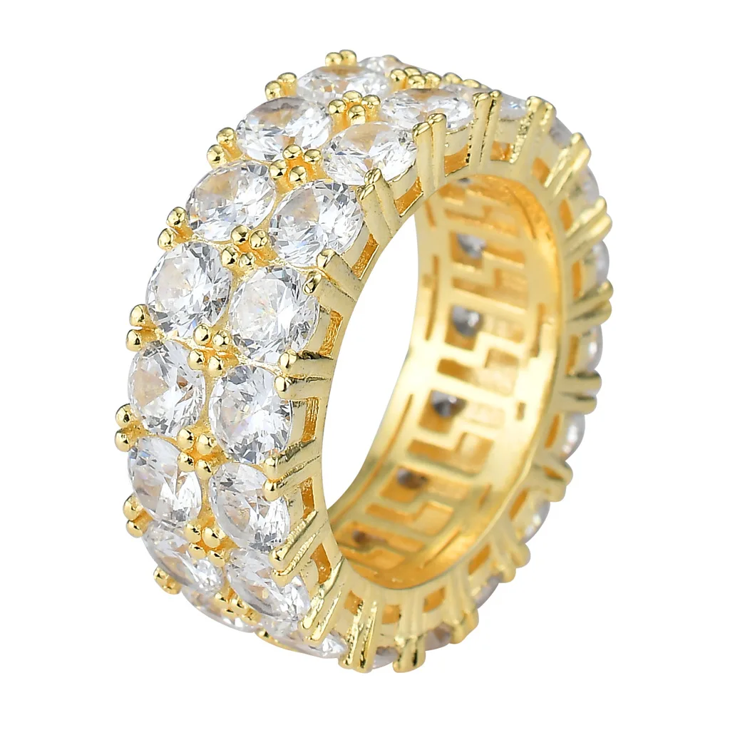 

Hip Hops Double Rows Bling Bling Zircon Rings Fashion New Arrival Gold Plated Inlaid Cubic Zirconia Rings For Men