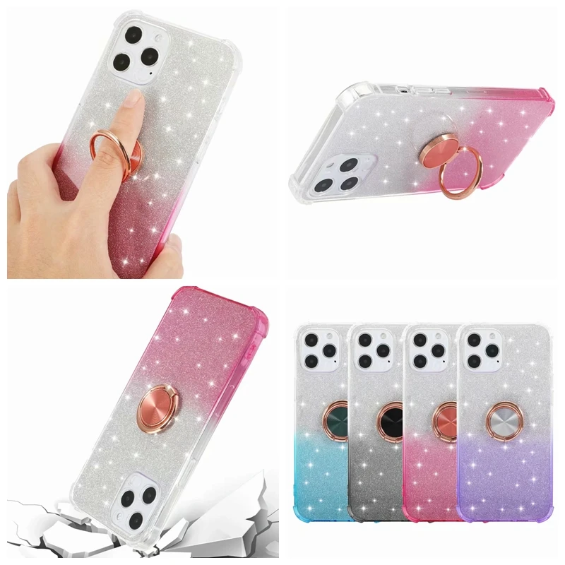 

360 Finger Ring Holder Bling Glitter Gradient Shockproof Cases For Iphone 12 Pro 11 XS MAX XR X 7 8 Samsung A52 A72 A32 A12 A42, Blue, gray , hot pink ,purple