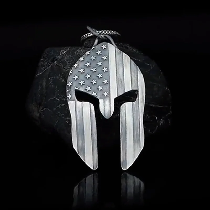 

Men's American Flag Necklace Spartan Helmet Silver Warrior Silver Necklace Spartan Helmet Necklace