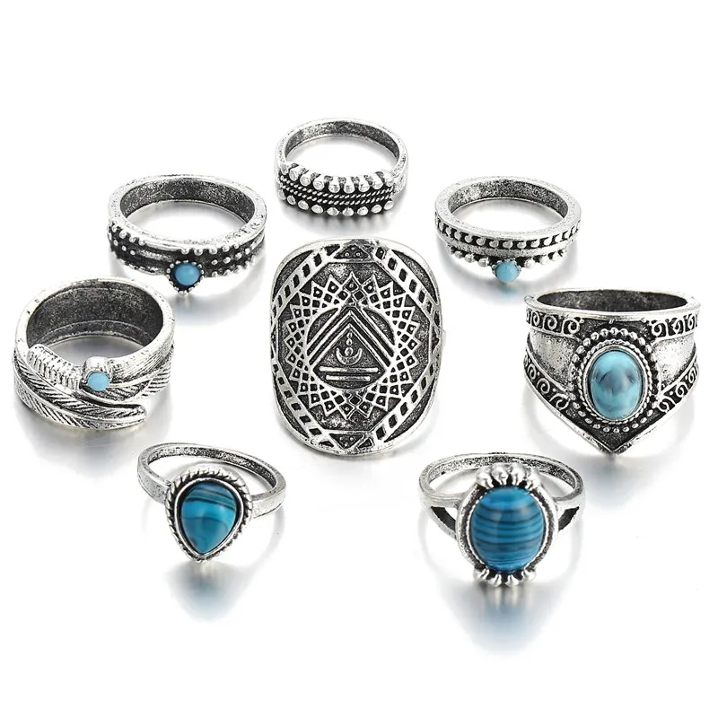 

Vintage Silver Color Women Ring Sets Hollow Finger Rings 8PCS/SET Boho Jewelry Geometric Gemstone, Picture color