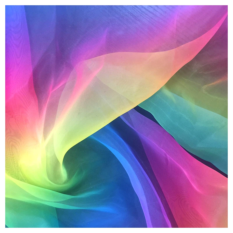 Guangzhou Manufacturer Digital Print Polyester Stiff Organza Two Tone Rainbow Gradient Ombre Organza Fabric