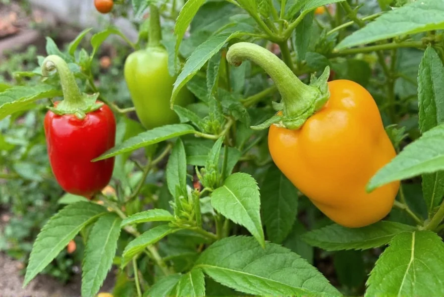 Carolina Reaper and Ghost Pepper plants growing side by side in a garden setting