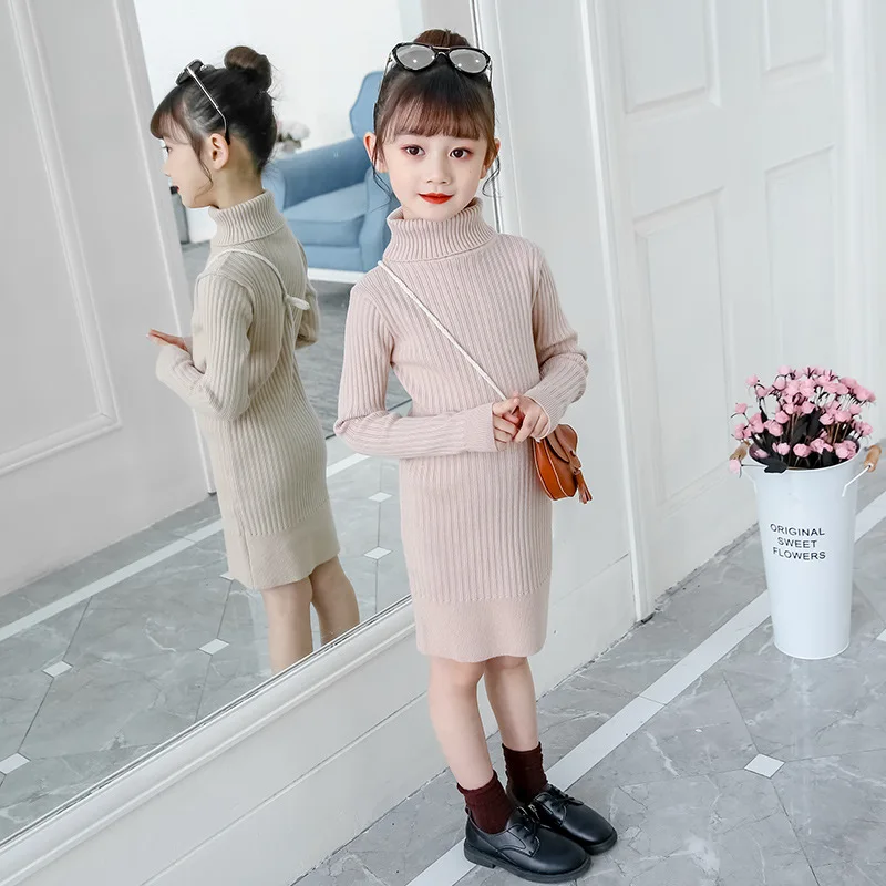 

Korean Girls sweater children turtleneck bag hip knitted skirt kids plus velvet mid-length bottoming sweater dress