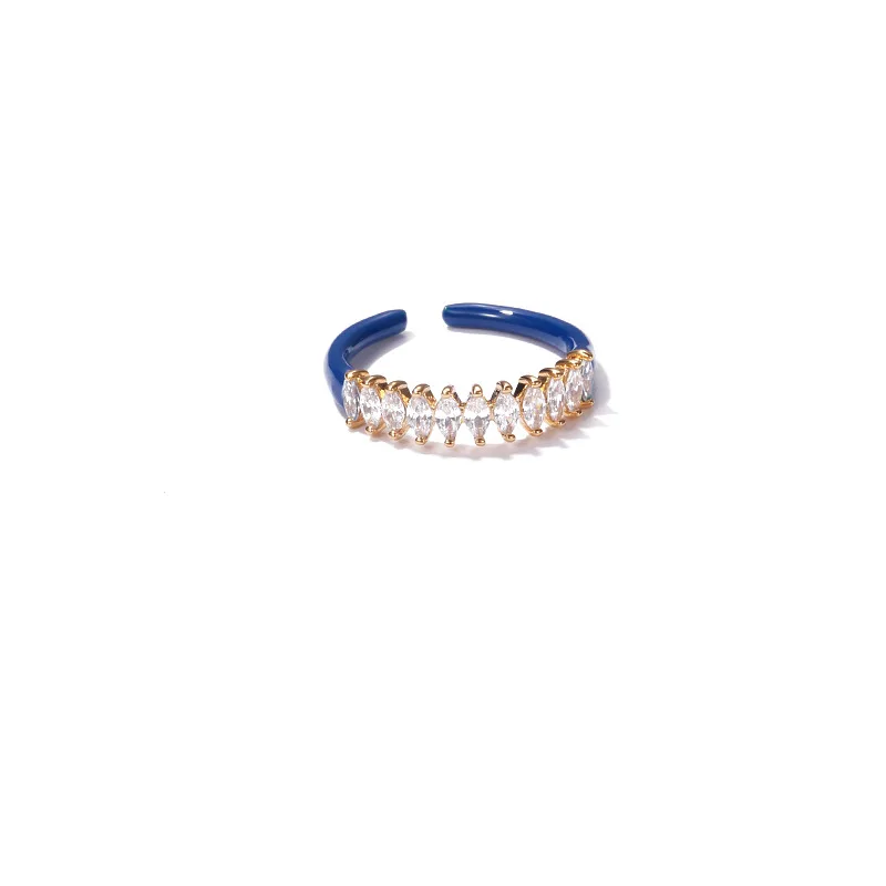 

Popular Handmade Enameled Cubic Zirconia Opening Ring Light Luxury 18K Real Gold Plated Blue Enamel Zircon Finger Rings For Gift
