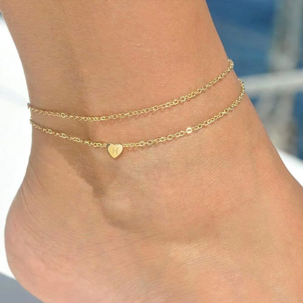 

Heart Initial Ankle Bracelets for Women, 14K Gold Filled Handmade Dainty Layered Anklet Letter Initial Heart Ankle Bracelets