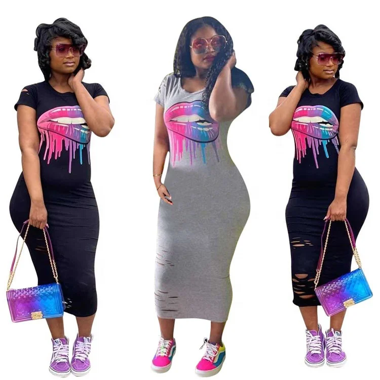 

OD631252 2020 Summer Fashion lip Printing Short Sleeves Casual Dress for Woman T shirt Bodycon Long Woman Dress Clothing