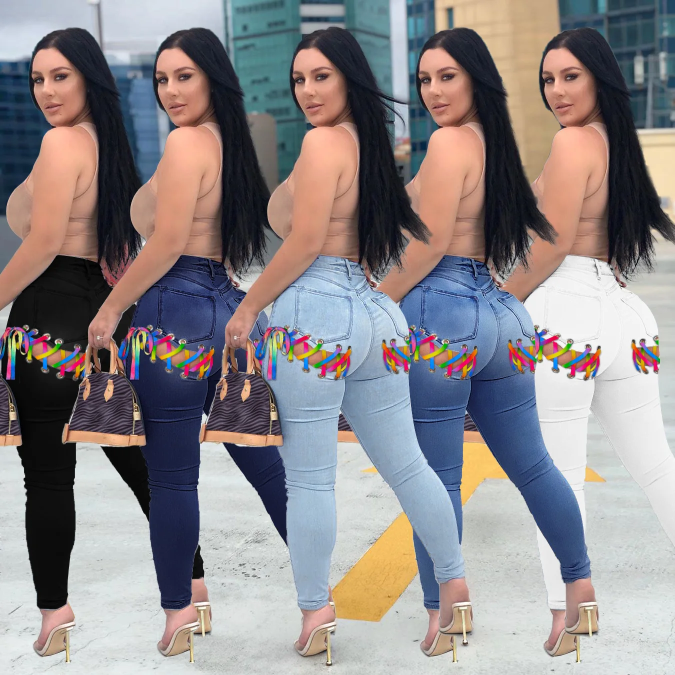 

QC - PT8836 Designer bandage lace up denim pants for women rainbow bodycon pencil high waist denim pant