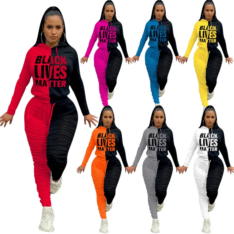 

Fashion Ladies Outfits Warm Thick Patchwork Hoodies Stacked Pants Sping Women Clothing Two Piece Set