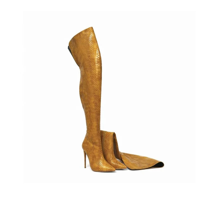 

New Arrival Serpentine Pointed Toe Stiletto Back Zipper High Heels Over-the-knee Boots Plus Size 45 Women's Shoes, Yellow brown grey customzied