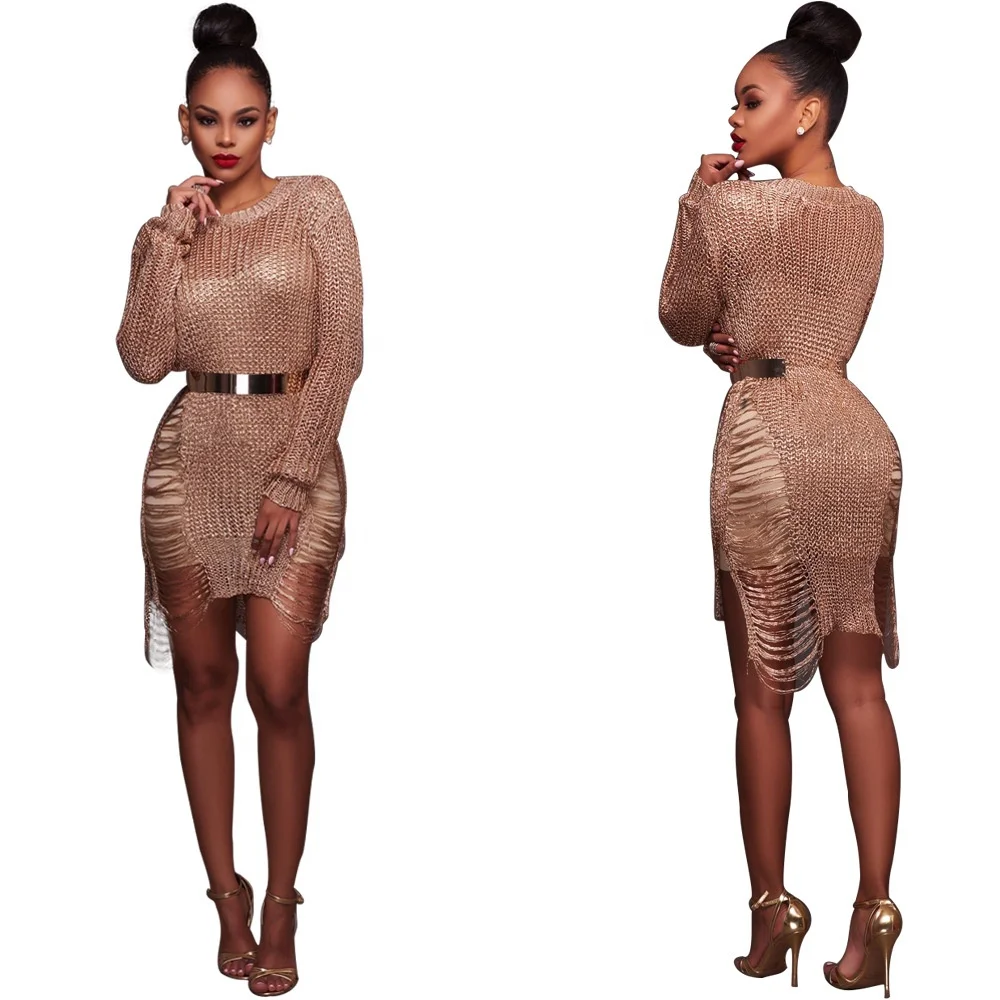 

B60921A Sexy women's gold cut-out sweaters in Europe and America hot sale beach sweater dress