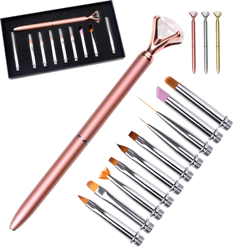 

10pc Nail Art Pen Brush Set Replace Head Metal Diamond Cuticle Remover Crystal Flower Drawing Painting Liner Design Nail Tool, Gold/silver/rose gold