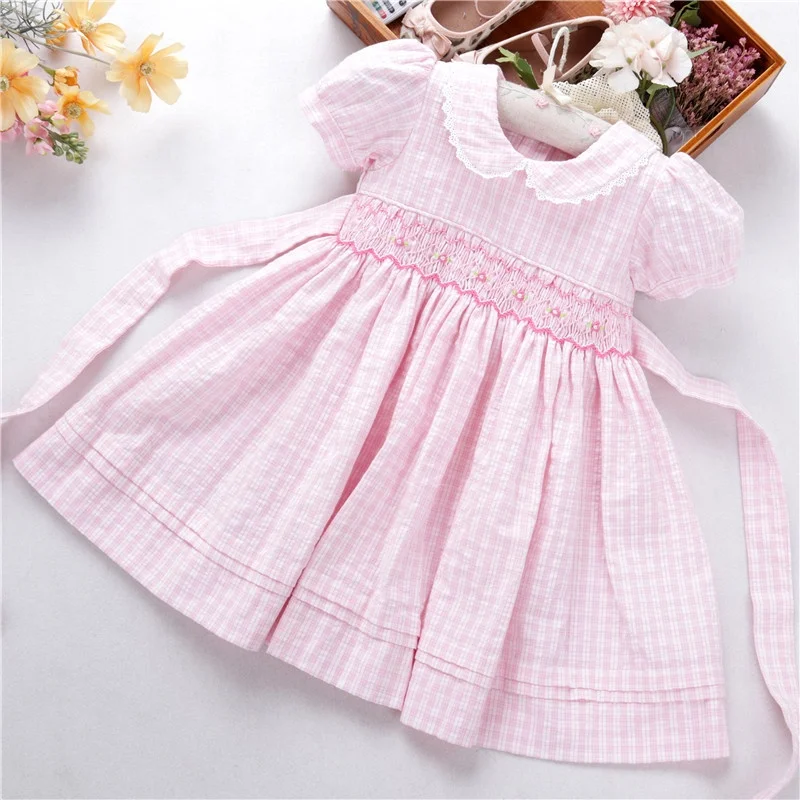 

B0428163 baby girls' dresses pink smocked summer baby clothes plaid cotton kids dress wholesale children clothing
