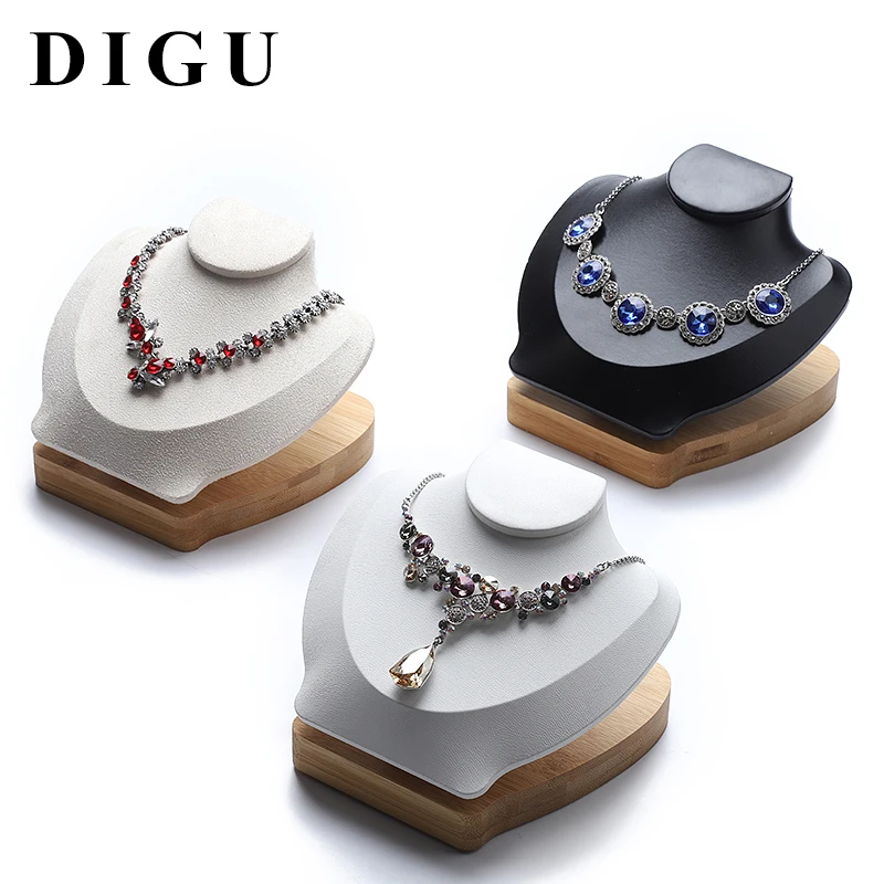 

DIGU High quality Pu leather wooden mannequin velvet neck model jewelry display holder mannequin necklace display bust