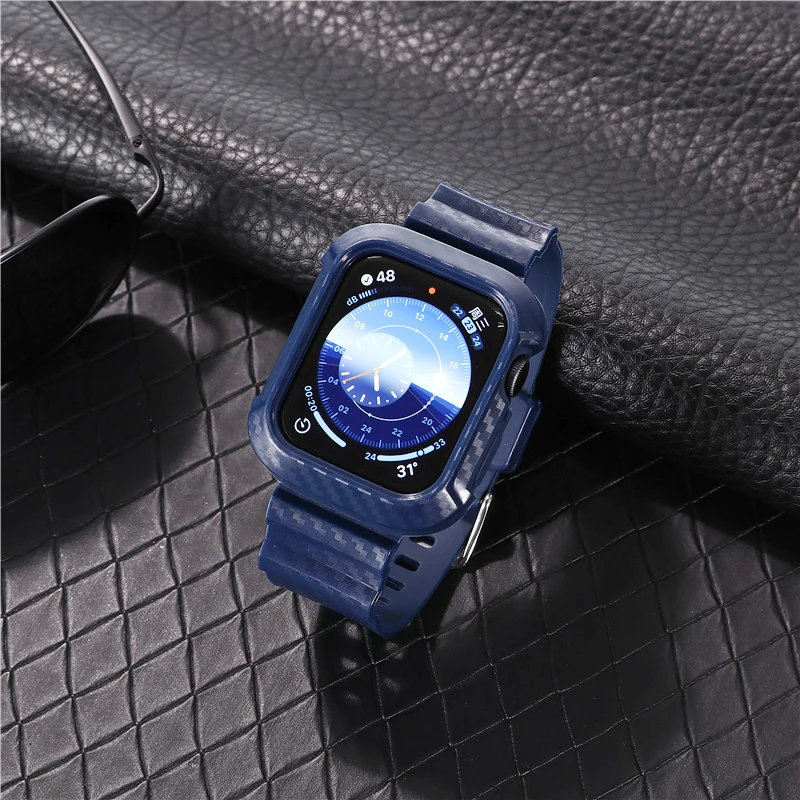 

Hot Sell Carbon Fiber Pattern Silicone Strap Fashion Watch Band with Case for Apple Watch