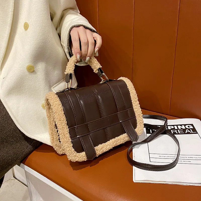 

Lamb wool plush women's bag new handbag single shoulder cross over small square bag