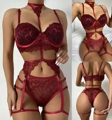 

Wholesale 2021 New Four-piece Multicolor Sexy Nightdress Three-point Pajamas Lingeries Women Sexy Lingeries, Red, green, blue, black, rose red, wine red