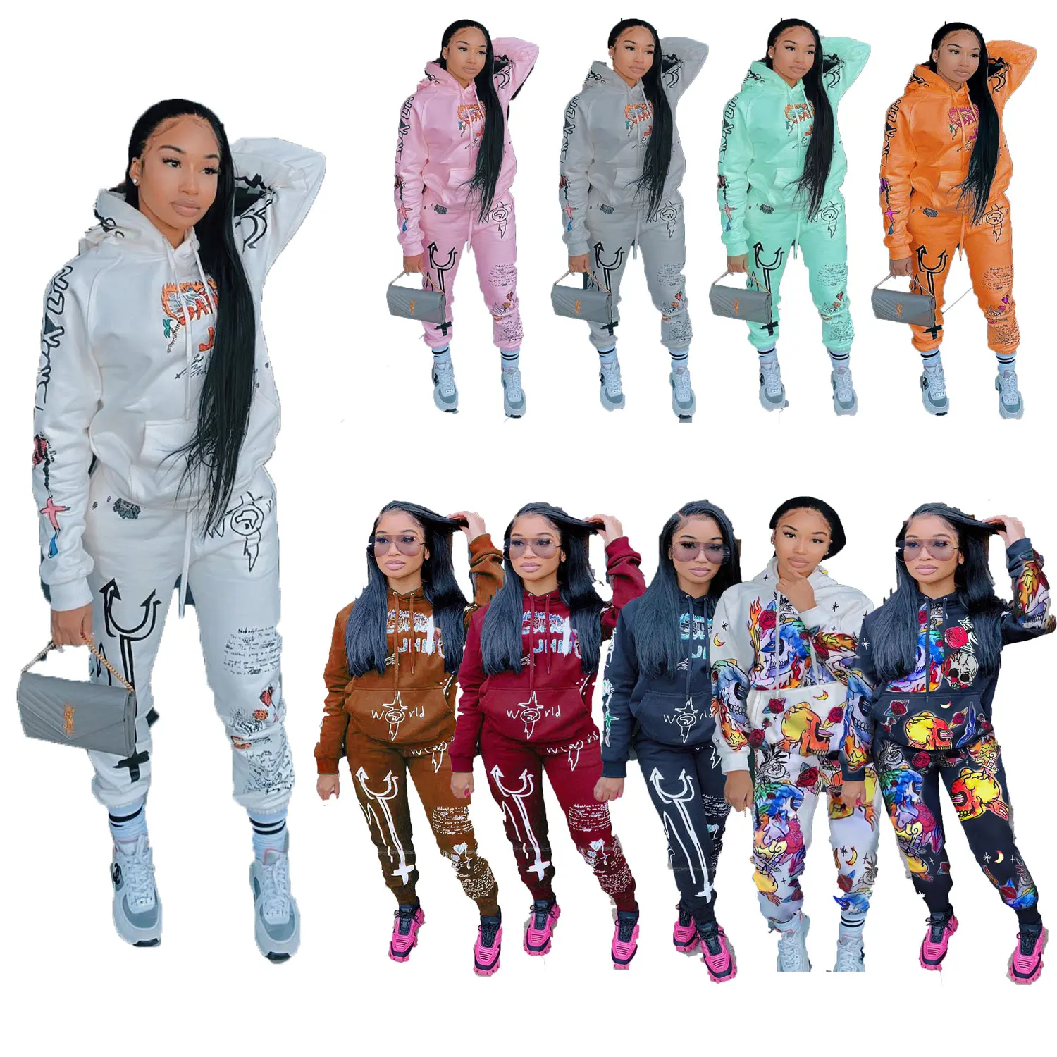 

21009-MX7 plus size hoodie letter graffiti two piece set women clothing sehe fashion