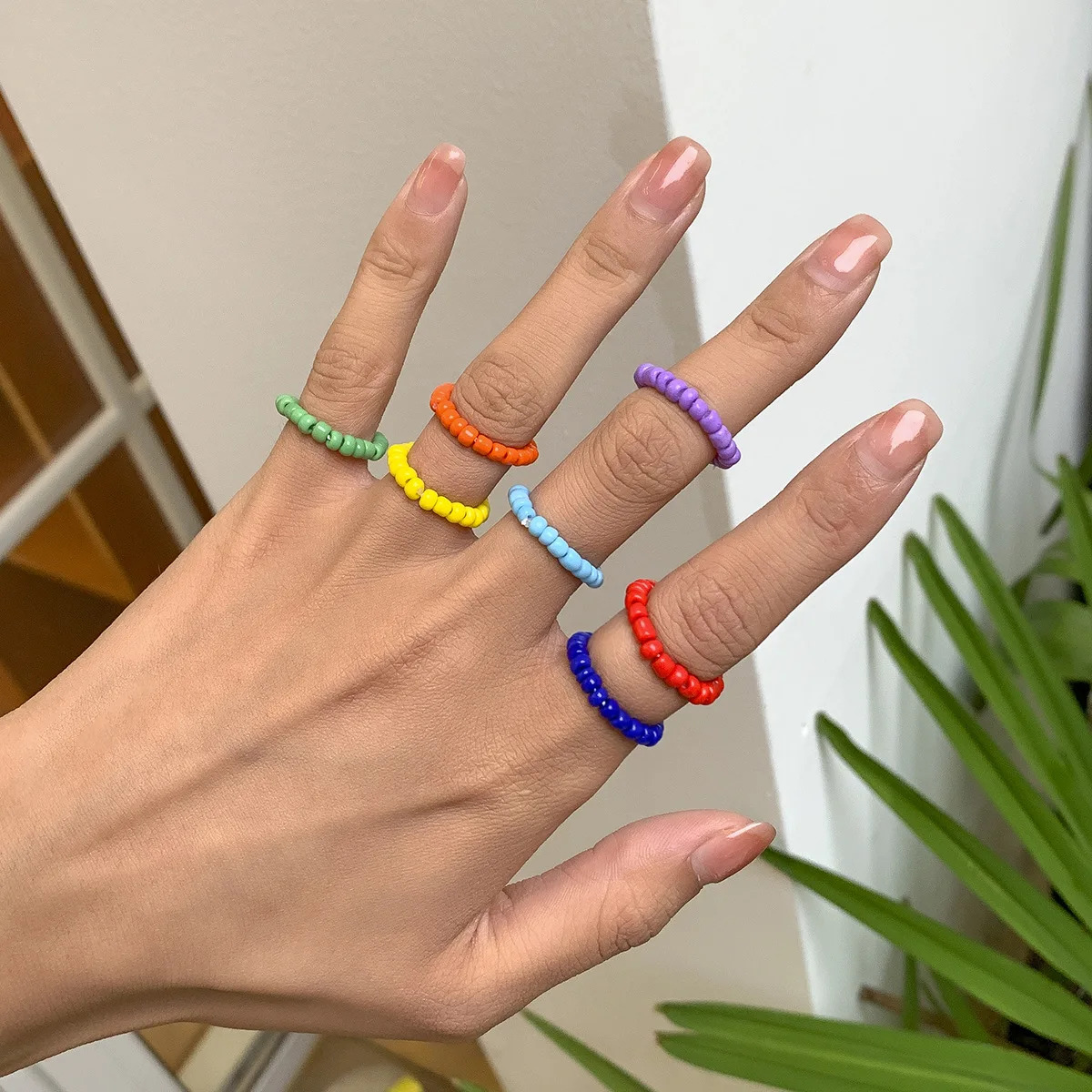 

Simple Vintage Hand Made Rainbow Seed Beaded Ring Set