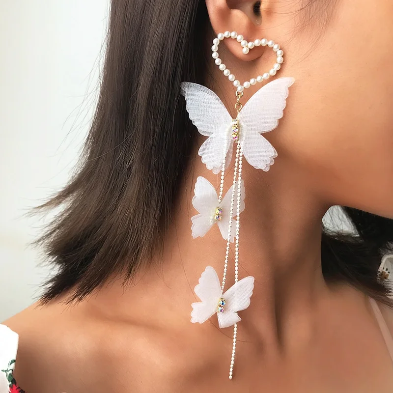 

Free Shipping Jewelry White Big Heart Shaped Pearl Butterfly Earrings Cloth Women Long Earring