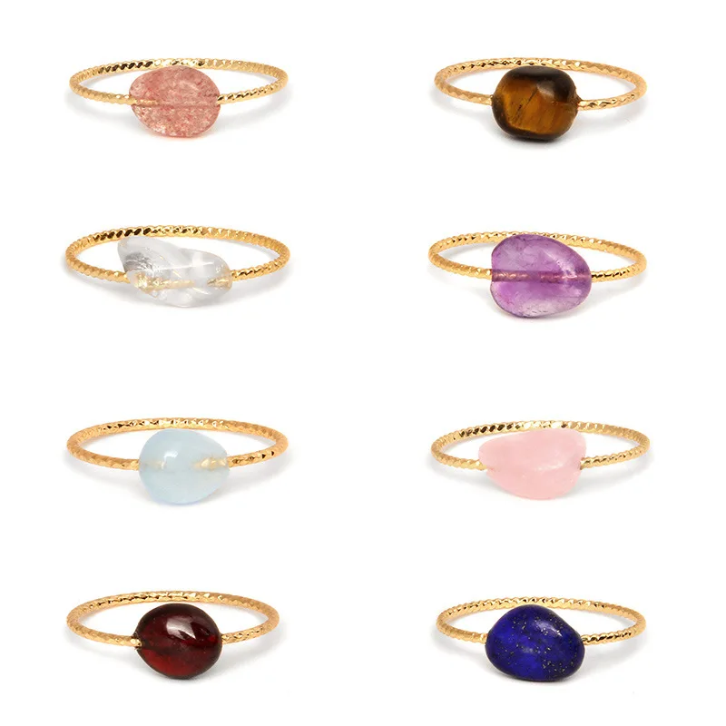 

2022 Gold Plated Minimalism Stainless Steel Irregular Quartz Crystal Natural Stone Gemstone Rings Dropshipping