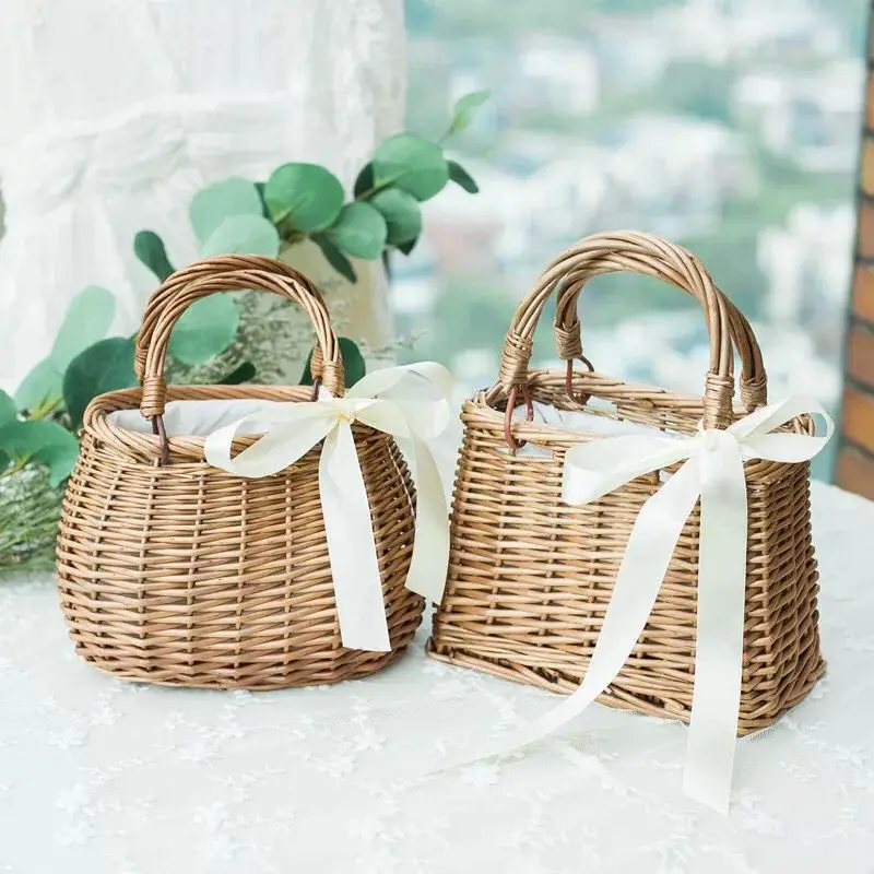 

Rattan woven flower basket handbag South Korea woven vegetable basket cloth lining willow new women's bag, Wood color