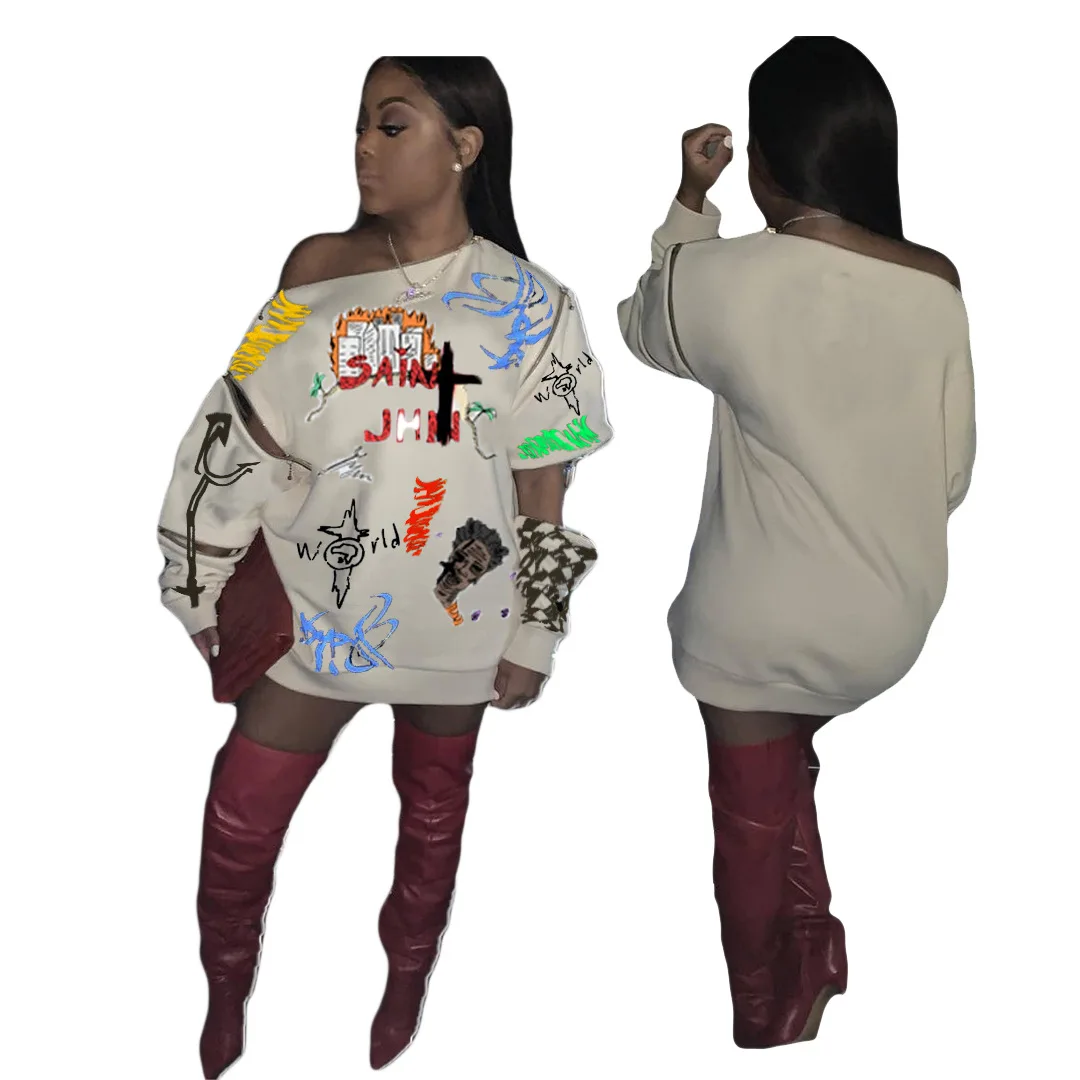 

Long Sweatshirt 2021 Fall Clothing Women Street Graffiti Print Sweatshirt Dress Long Sleeves Plus Size Sweatshirt