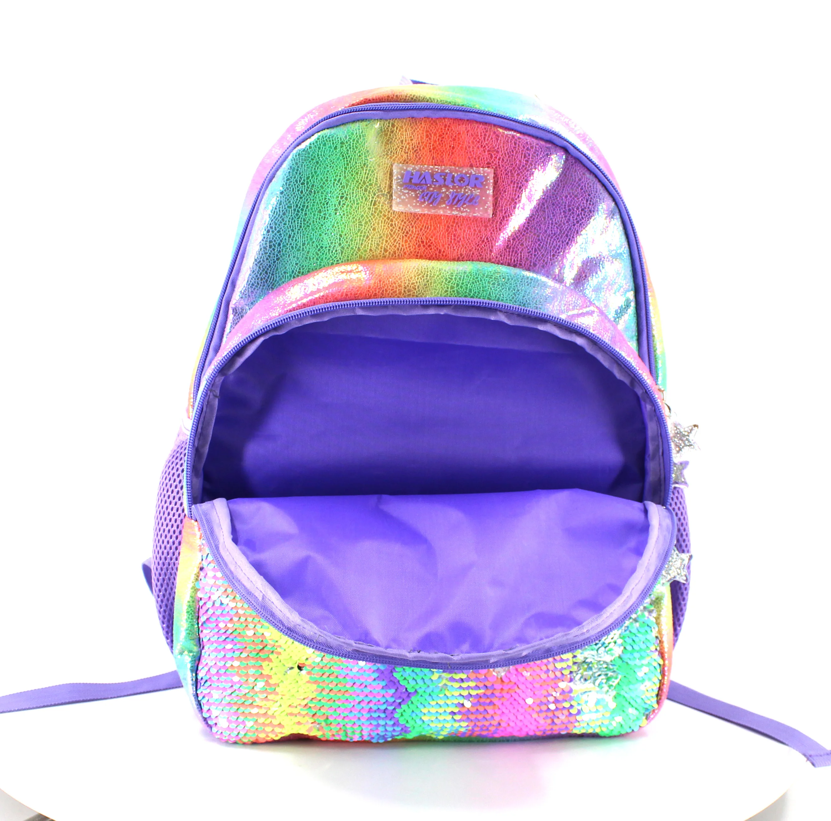 BSCI/Sedex Fashion Purple 2 in 1 Rainbow Sequins school bag with Lunch ...